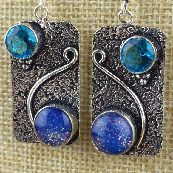 New Sim Milky Opalite & Blue Topaz Silver Hook Earrings - Picture 8 of 8